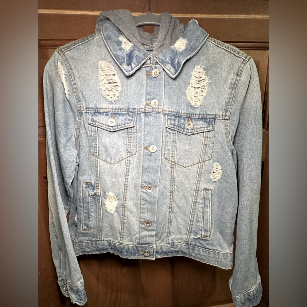 Distressed hooded jean jacket